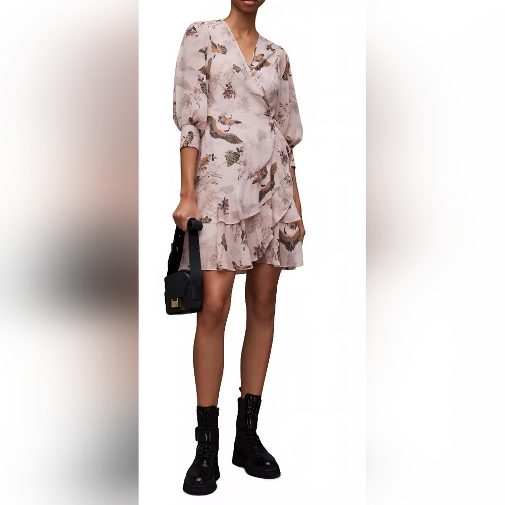 All Saints Ari Peggy Wrap Dress Floral Bird Motif Ruffles Size 10